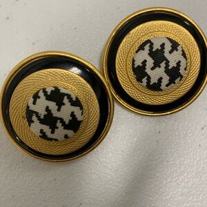 Gold and Black Houndstooth Button Earrings